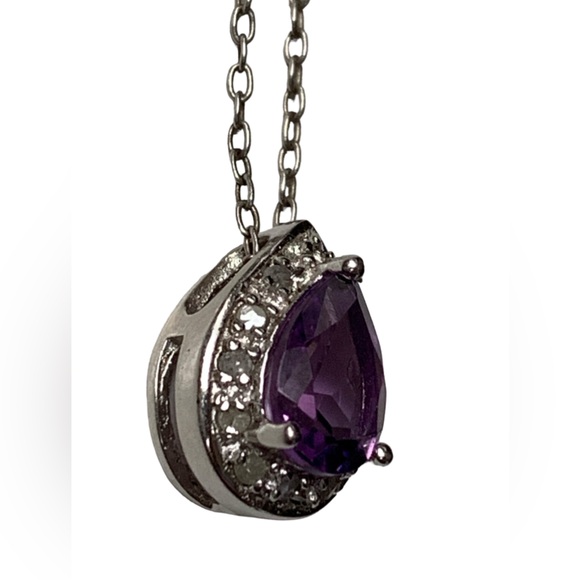 Sterling Silver Faceted Teardrop Amethyst Crystal Woman’s Necklace Purple Pisces - Picture 2 of 10